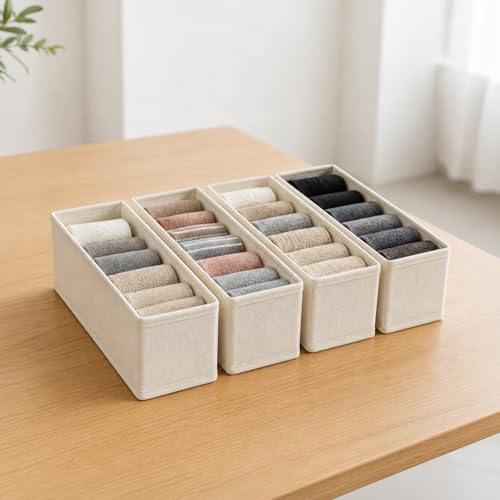 Image of HomeEssentials Drawer Organizers - Socks Organizer,Wardrobe Organizer for Socks, Bra, Panty, Lingerie,Ties Storage,Durable,Space-Saving Drawer Box for Household Use,Cotton Material (Pack Of 4), Beige
