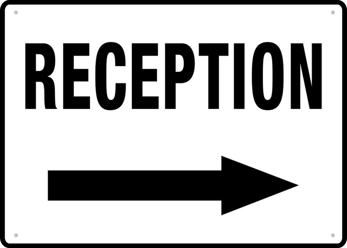 Right Arrow Reception Rust Free Aluminum Sign - UV Printed Decor with Pre-Drilled Holes for Home Office, Business Lobby - Weatherproof, 12x16 Inch​