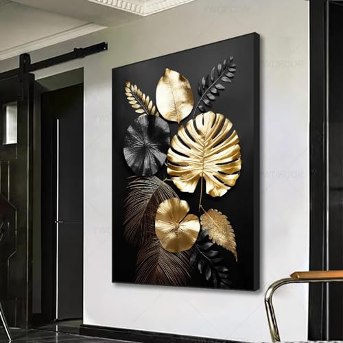 Décoration de salon moderne avec toile feuille de plante dorée noire