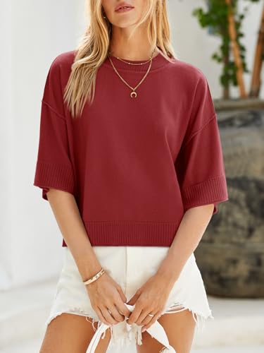 Image of Saodimallsu Womens Short Sleeve Sweater Summer Oversized Cropped Sweaters Casual Crewneck Lightweight Knit Tops