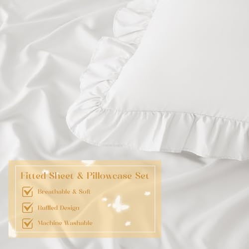 Image of Homiest 2-Pieces Ruffle Pillow Case & Fitted Sheet Set, White Twin Sheets with Ruffled Pillow Shams, 15 Inch Deep Pocket, Cute & Coquette Microfiber Bed Set for Decorating Bedroom Hotel