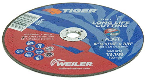 Image of Weiler 57071 4-Inch Cutting Wheel, Tiger AO Steel /Metal Long Life, Performance Cutting, 1 /16 inch A36T Type 1 3 /8 inch Arbor (Pack of 25)