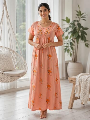 Image of 9shines Label Stylish Cotton Blend Embroidered Maxi Nightdress for Women with Pocket| Full Length Nightwear| Premium Nightdress| Comfortable Nightwear(5256)