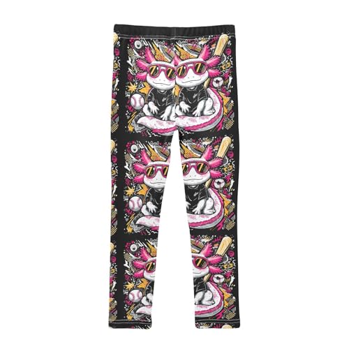 Boccsty Pink and White Axolotl Playing Softball Girls Leggings Kids Yoga Pants Dance Active Tights 4T2