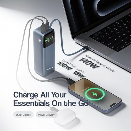 Image of Ambrane 240W Fast Charging Powerbank for MacBook, Type C Laptop & Mobile Charging, USB-A Output 27000mAh Battery, Triple Output, Power Delivery & Quick Charge (Powerlit Ultra 240, Grey)