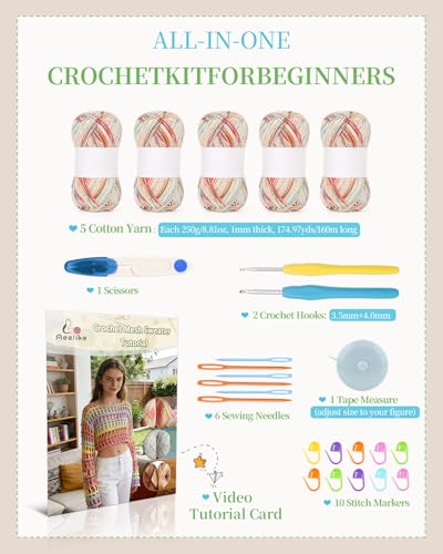 Image of Aeelike Beginner Crochet Kit for Adults, Crochets Set Ombre Cotton Yarn & Step-by-Step Video Tutorials, Crochet Kit for Beginners Beach Coverup Mesh Top for Women Ideal DIY Gift, Gradient Color