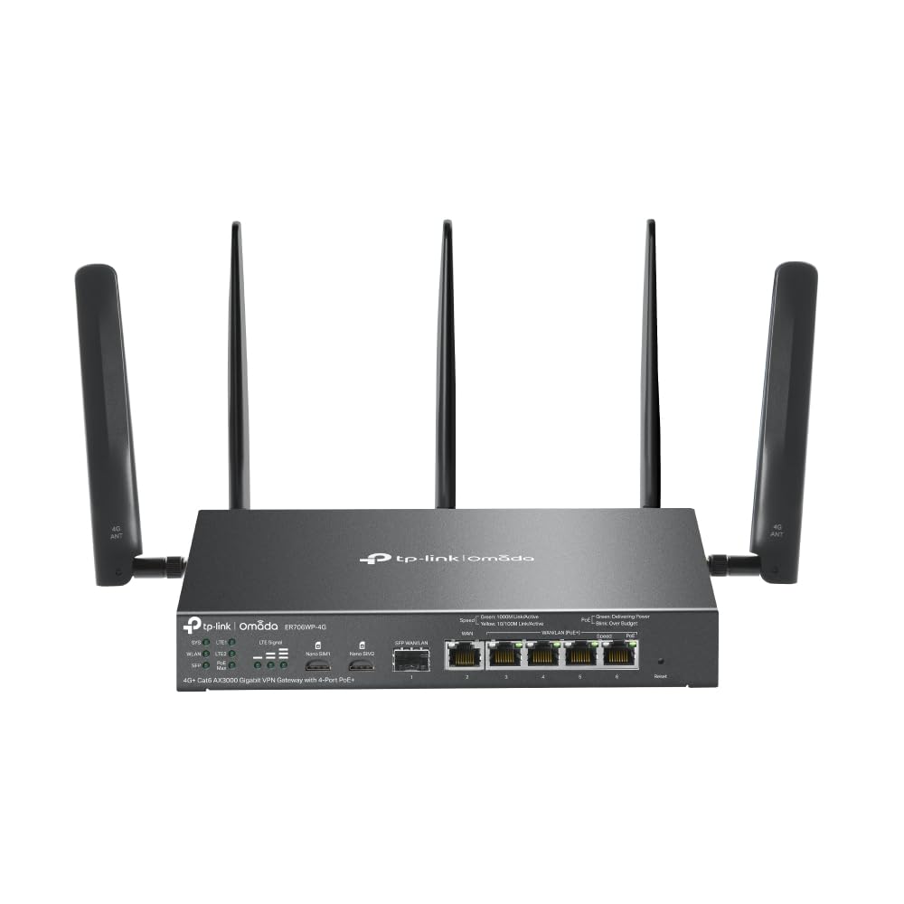 TP-Link Omada ER706WP-4G AX3000 4G+ Cat6 WiFi 6 Gigabit VPN Router with SIM Slot, 5-Port Gigabit Gateway with 4-Port PoE+, Dual Band Wireless Router, Support WireGuard/OpenVPN, Omada Cloud Management
