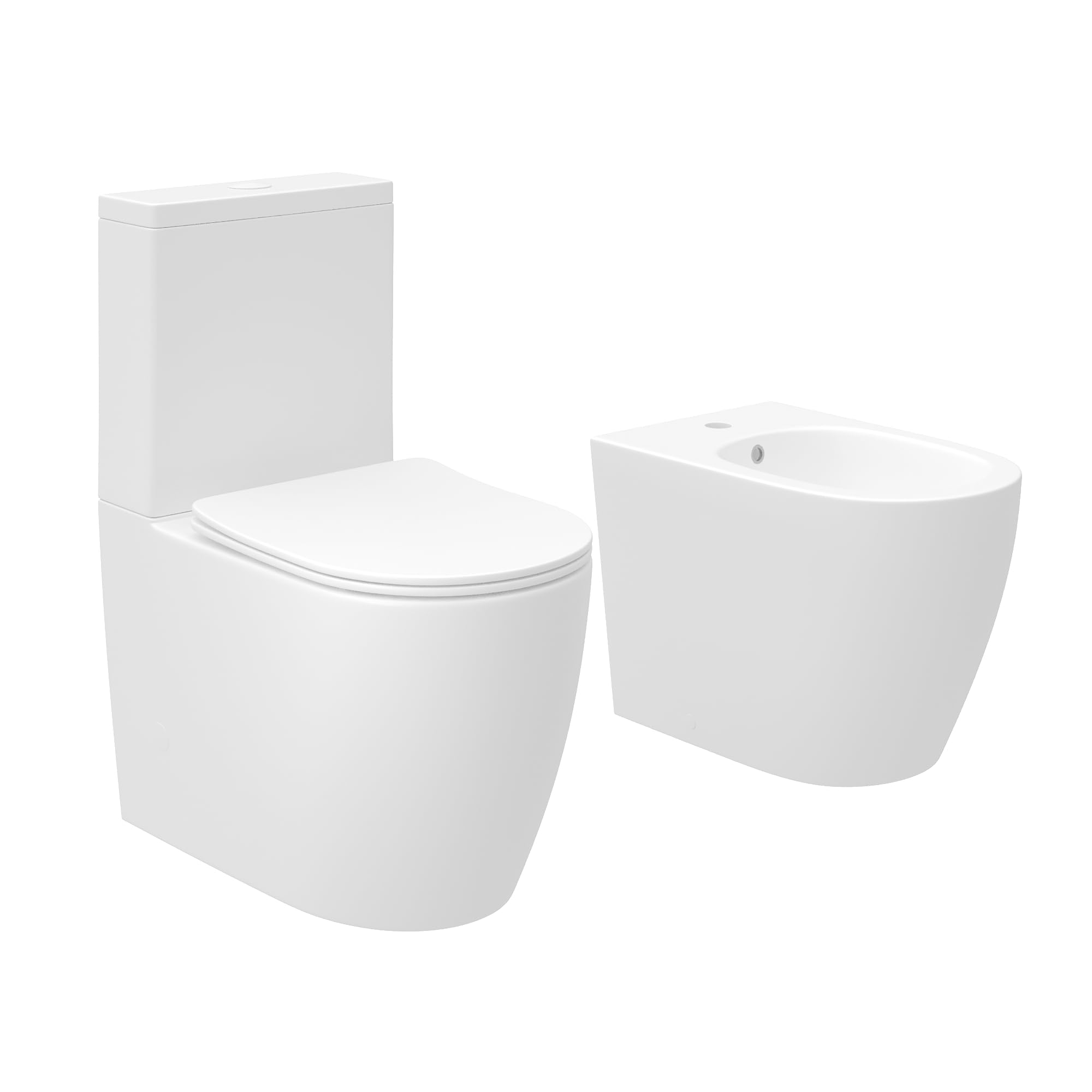 Coppia di sanitari filomuro vaso monoblocco rimless e bidet bianco opaco | Europa