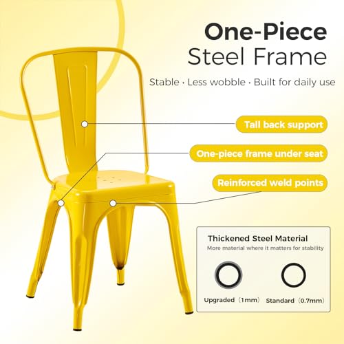 Image of Metal Dining Chairs with Backrest, Stackable, Yellow, 6 Pack | Easy Assembly, Non-Slip Feet, 330 lb Capacity, Kitchen, Restaurant, Cafe, Pub, Covered Patio