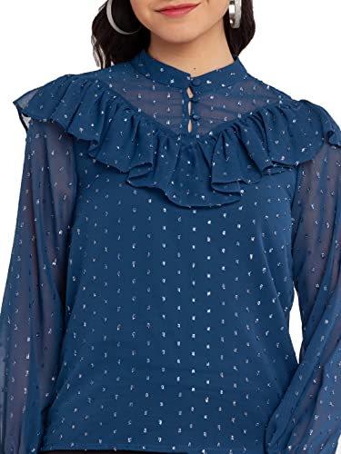 Image of Zink London Women's Blue Shimmer Ruffles Top