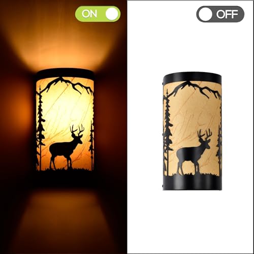 Image of Wall Sconce Light,Deer Metal Yellow Parchment Farmhouse Wall Sconce,Rustic E26 Base Wall Mount Lamp,Matte Black Bedroom Wall Lights,Indoor Wall Lamps for Living Room,Hallway(Hardwired Only)