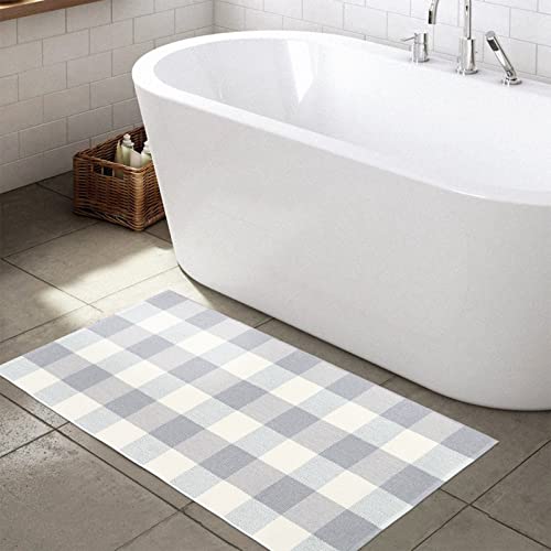 Buffalo Plaid Outdoor Rug Runner Doormat 2’ X 4.3’, Kimode Cotton Woven Gray/White Checkered Porch Rug Outdoor Indoor Rugs Farmhouse Door Mat, Washable Floor Rugs For Front Kitchen Bathroom #TOP6