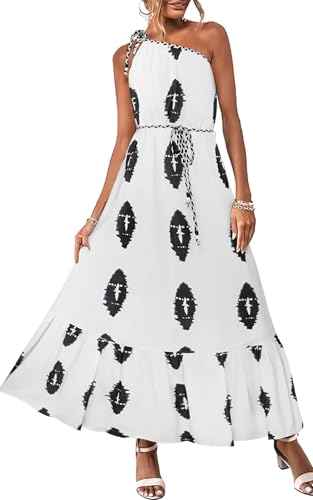 Image of ECOWISH Womens Summer One Shoulder Maxi Dress Casual Polka Dot Midi Dresses Sleeveless Long Pockets Sundress Beach Vacation