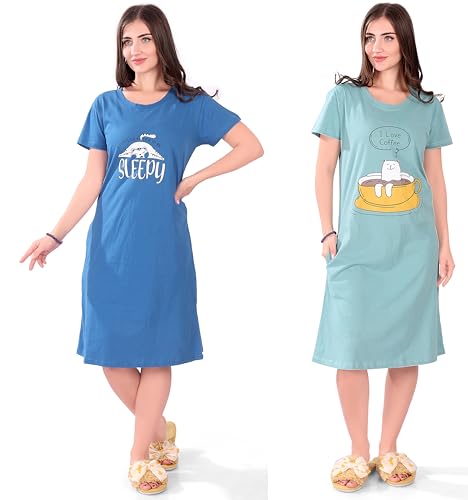 Image of Printed Knee Length Pocket Night Dresses for Women | Cat Lover | Premium Soft Cotton Nighty | Blue and Maroon