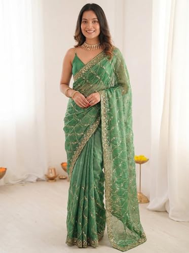 Image of ORHANS Women's Chiffon Saree with Unstitched Blouse Piece Heavy Embroidery Work | Beautiful Saree for Women | Traditional Indian Sari Stylish | Fashionable Saree Modern Design