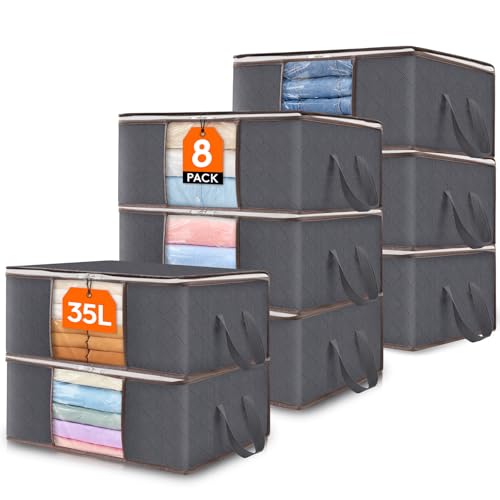 Lifewit 8 Pack Clothes Storage Bag, Foldable Storage Boxes Wardrobe Storage Organizer Moving Bag with Reinforced Handle Sturdy Fabric Clear Window for Towel, Sweater, Bedding, Grey