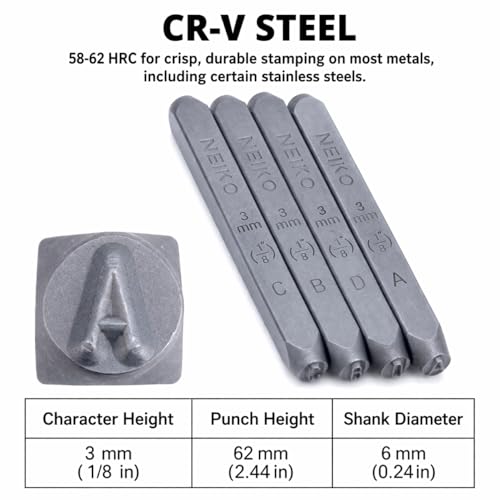 Image of NEIKO 02631A Number and Letter Punch Set with Heat-Treated Steel Punches, Imprinting & Arts and Crafts, 1 /8 inch (3 MM) Shaft, 36 Pc Stamp Set, Uppercase Letter & Number Punch Set (A-Z / 0-8 / inch& inch)