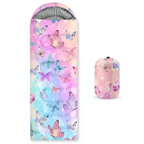 Bolsa de dormir WeCozy Butterfly rosa para niños, ligera impermeable para 3 estaciones, con saco compresor para camping, uso interior y mochilero
