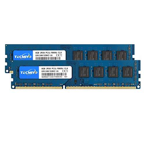 TECMIYO 16GB Kit(2X8GB) PC3L-10600U DDR3/DDR3L 1333MHZ Udimm PC3-10600 DDR3-1333 DIMM 2RX8 Dual Rank 240 Pin 1.35/1.5V CL9 Non-ECC Unbuffered Desktop RAM Memory Module