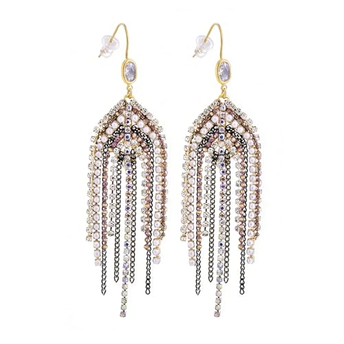 Fringe Dangling Tassel Earrings for Women Handcrafted Chandelier Long Bohemian Beaded Cubic Zirconia Crystal Imitation Pearls Inlay Statement Boho Chain Hook Earrings for Wedding Party