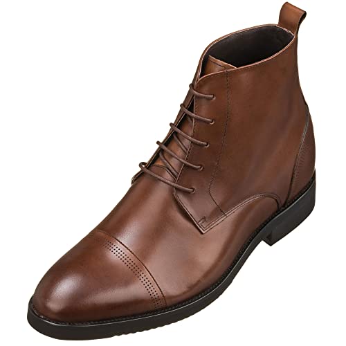 Image of CALTO Men's Invisible Height Increasing Elevator Shoes - Brown Premium Leather Lace-up Cap-Toe Dress Boots - 2.8 Inches Taller - K28004 - Size 12 D(M) US