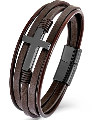 YL Cross Masonic Leather Mens Bracelet, 18K Gold/Black Rhodium Plated Christian Religious 316L Stainless Steel Brown Cuff Handcrafted Jewelry Gifts