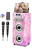 DYNASONIC Karaoke mit 2 Mikrofonen, tragbarer Karaoke-Maschine, Bluetooth-Lautsprecher, USB- und SD-Kartenleser, Lichter, Geschenk für Kinder von 5 bis 13 Jahren (Model 15 Lights)