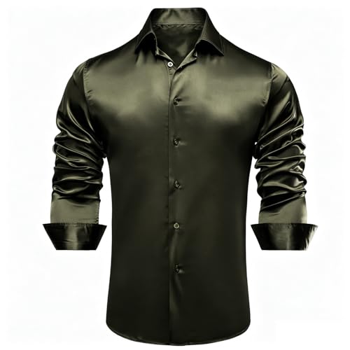 Image of Hi-Tie Men's Silk Satin Dress Shirts Long Sleeve Shiny Casual Button Up Shirts Luxury Party Disco Prom Wedding Shirt