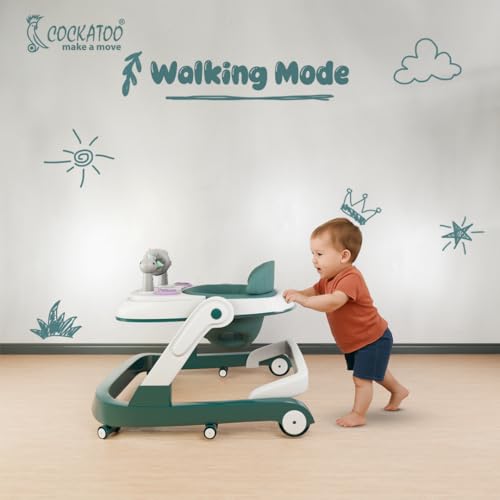 Image of Cockatoo FirstMove 3-in-1 Baby Walker - Adjustable Height (3 levels), Rocker, Push and Activity Walker with Musical Toy Tray & Light, 6 Lockable Wheels, Foldable, Safe for 6-18 Months, Up to 15 kg, Dark Green