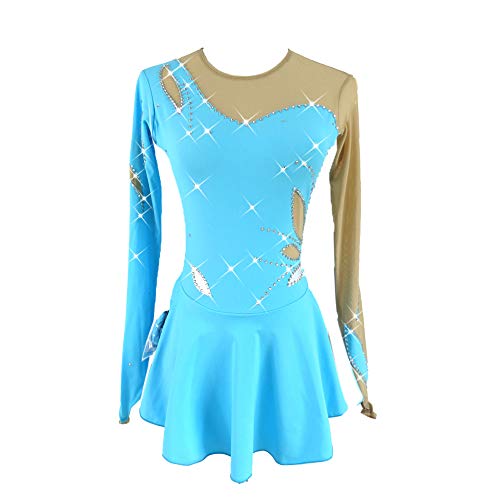 Blue Figure Ice Skating Dress Long Sleeves Roller Skating Dress Petal Deco