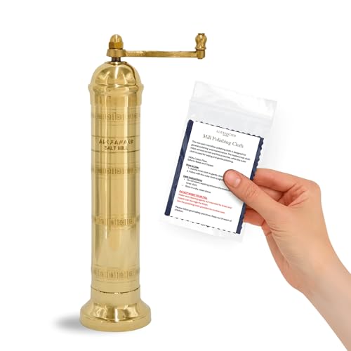 Image of Alexander Home Original Greek Salt Mill, 9-Inch Brass - European Manual Salt Grinder, Refillable, with Polishing Cloth