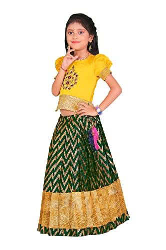 Image of New south Indian traditional pattu pavadai Jecquard Lehenga choli for girls dress