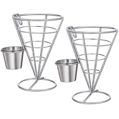 KICHOUSE 2pcs French Fries Chips Stand Dipping Sauce Holder for Car Appetizer Serving Basket French Fries Storage Holder Food Cone Display French Fries Cone Cups Silver Stainless Steel