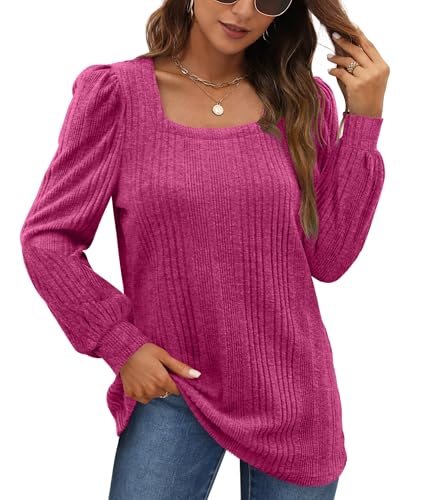 WIHOLL Pullover Damen Puffärmel Strickpullover Quadratischer Hals Langarmshirt Top Herbst Winter Tunika Lässiger Oberteile Elegant Rose L
