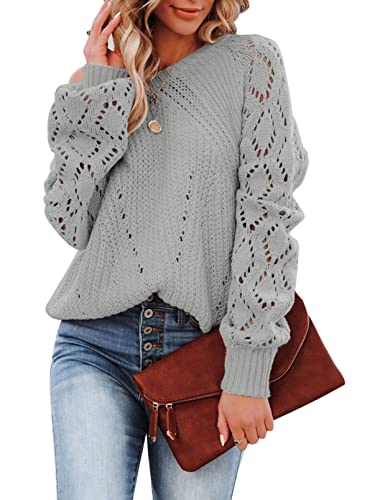 Dokotoo Damen Strickpullover Elegant Rundhals Pullover Langarm Grobstrick Pulli Herbst Winter Oberteile Tops Grau Damenpullover Winterpullover, M