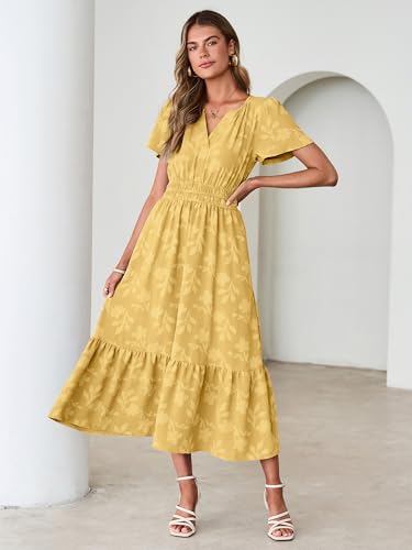 Image of Simplee Womens Summer Boho Maxi Dress Semi Formal Wedding Guest Short Sleeve V Neck Empire Waist Floral Long Dresses