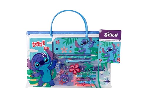 Disney Stitch Juego de viaje de escritura y dibujo, kit de pintura y manualidades para niños con estuche, lápices y hojas para colorear, juego de viaje creativo en bolsa con asa, regalo de Lilo y