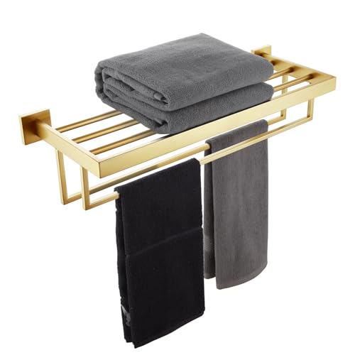 KOKOSIRI Towel Shelf Holder 24 Bathroom Towel Rack with Two Bath Towel Bars Rails SUS304 Stainless Steel Wall Mount Brushed Gold B6003BG