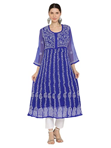 Image of FAWOMENT Women's Georgette Yok Anarkali Kurta with Intricate Lucknowi Chikankari Fine Hand Crafted Embroidery