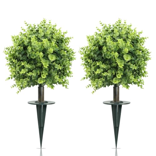 2 Pack Artificial Eucalyptus Topiary Ball Tree - 24' Artificial Plants for Yard with Ground Spike...