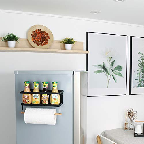 Haturi Fridge Spice Rack, Magnetic Shelf with Paper Towel Holder Single Tier Kitchen Refrigerator Storage Rack (Small,Black)