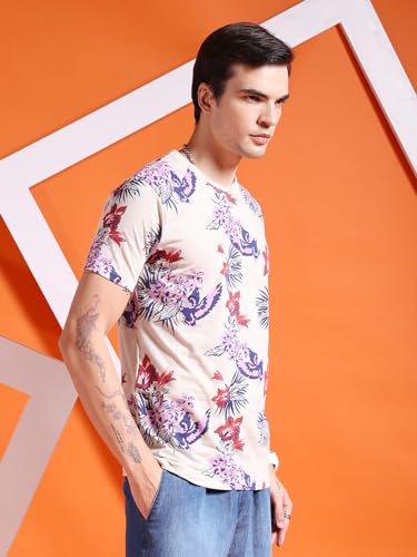 Image of The Indian Garage Co Men's Cotton Slim Fit Tropical Print Round Neck Tshirt