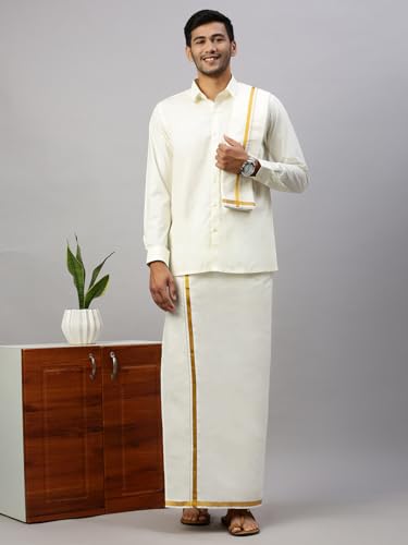 Image of RAMRAJ COTTON Pure Cotton Full Sleeve Shirt with Gold 1 /2 Inch Jari Border Dhoti Set with Towel