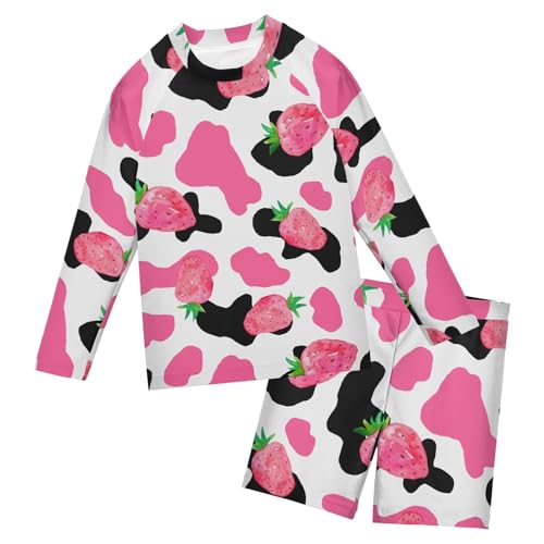 Aflyko Kids' Bathing Suit Set Pinks Strawberry Cow Print Long Sleeve Swim Tops with Shorts Summer Vacation Pool Party Rashguard Fun Cute Toddler Infant Beachwear, 4T