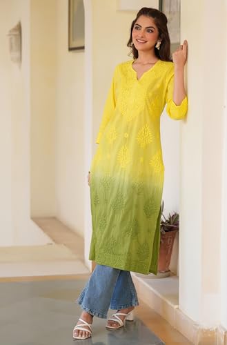 Image of Janasya Women's Pure Cotton Chikankari Embroidered Straight Kurta