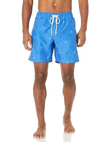 Amazon Essentials Herren Badehose mit Netzfutter, Taschen und Kordelzugverschluss, Blau Ankermuster, XL