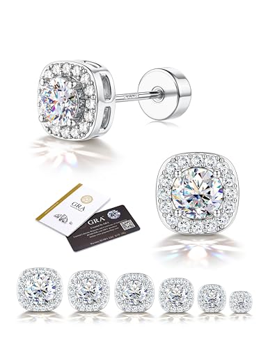 LOLIAS Moissanite Stud Earrings - Hypoallergenic Flat Back Earrings for Women Men- 925 Sterling Silver Halo Square Stud Earring - White Gold Plated Brilliant D Color VVS1 Moissanite Jewelry 4MM