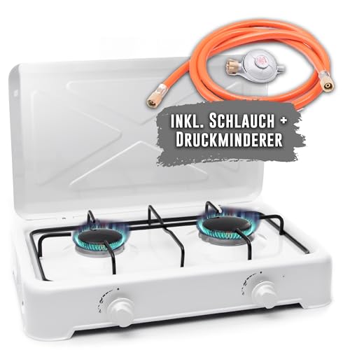 TruWare Gaskocher 2 flammig Campingherd Gas Kochfeld tragbarer Gasherd für Gasflasche mit Schlauch | 2,5kW (weiß)