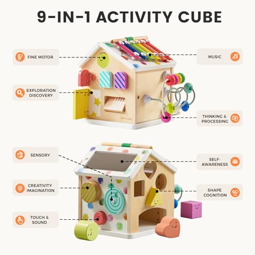Image of Tiny Land 9-in-1 Wooden Activity Cube, Educational Toy for Toddlers