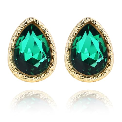 Emerald Green Teardrop Earrings for Women, 14K Gold Plated Edged Green Stud Earrings, Elegant Emerald Stud Earrings for Everyday or Special Occasions